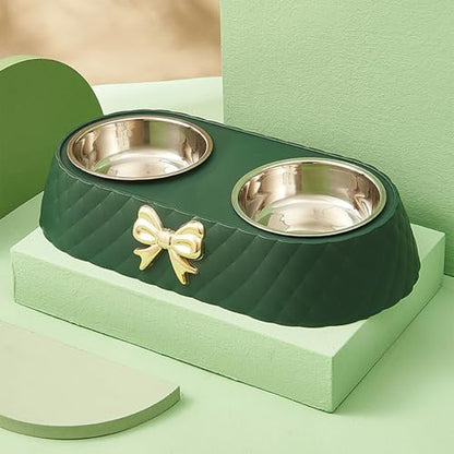 Functional Double Dog Cats Bowls, Removable Dog Bowl Set, Cute Stainless Steel Bowl with Non-Spill Plastic Mat for Rabbit Puppy Cats Small Medium Dogs Water ＆ Food (Green) - color: Green