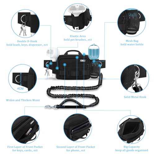 Hands Free Dog Leash with Zipper Pouch, Waist Belt for Large Medium Dogs for Running, Walking, Jogging and Hiking, Dual Padded Handles and Durable Bungee - Black (1 Dog Black) - color: 1 Dog Black