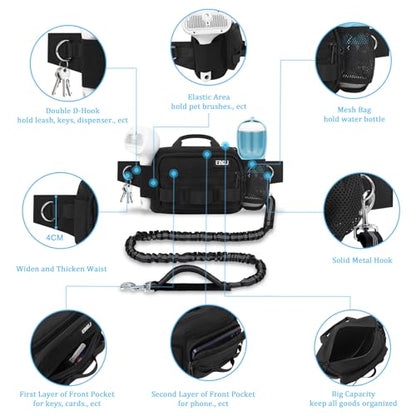 Hands Free Dog Leash with Zipper Pouch, Waist Belt for Large Medium Dogs for Running, Walking, Jogging and Hiking, Dual Padded Handles and Durable Bungee - Black (1 Dog Black) - color: 1 Dog Black