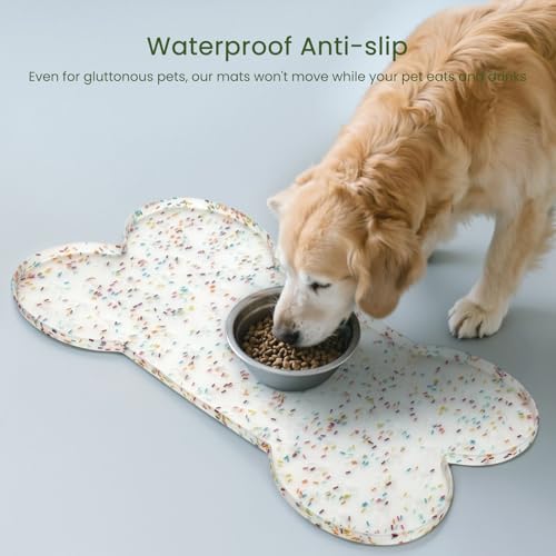 PWTAA Dog Food Mat Anti-Slip Silicone Dog Bowl Mat Thicker Pet Placemat Waterproof Cat Feeder Pad with Raised Edge Puppy Kitten Feeding Mats Suitable Small Medium-Sized Dogs Cats Eating Tray - color: Donut White, size: 19.4" x 9.8"