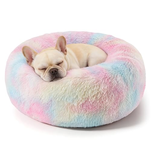 Dog Calming Beds for Small Medium Large Dogs - Round Donut Washable Puppy Dog Bed, Anti-Slip Faux Fur Fluffy Donut Cuddle Anxiety Cat Pet Bed(28'' Color) - color: Colorful, size: 28"L x 28"W x 8"Th