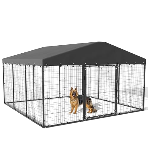 Kullavik 10x10x6 FT Large Outdoor Dog Kennel,Anti-Rust Galvanized Steel Dog Pen with Double Locks,Heavy Duty Dog Enclosure Fence with UV & Water Resistant Roof Cover for Outside - size: 118"L x 118"W x 70.9"H