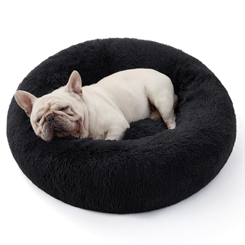 Bedsure Calming Donut Cat Bed - Fluffy Plush Round Pet Bed for Indoor Cats & Dogs, Washable Anti-Anxiety Soft Comfy Cuddler, 27x27 Inches, Black (Basic Version) - color: Black, size: 27x27x6
