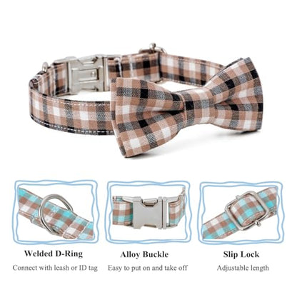 Plaid Dog Collar with Bowtie, Detachable and Adjustable Bow Tie Cat and Dog Collar with Metal Quick Release Buckle Pet Gift for Small Medium Large Dogs (Brown, Small) - color: Brown, size: Small