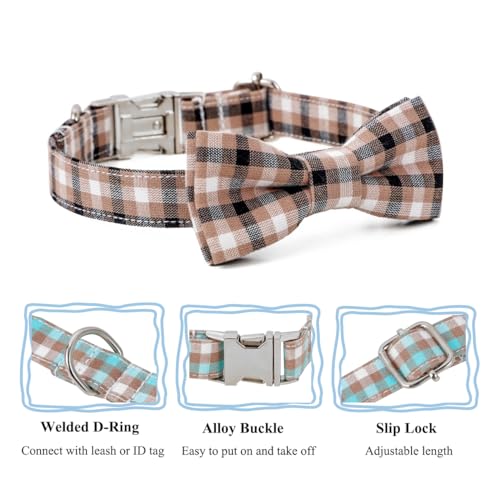Plaid Dog Collar with Bowtie, Detachable and Adjustable Bow Tie Cat and Dog Collar with Metal Quick Release Buckle Pet Gift for Small Medium Large Dogs (Brown, Medium) - color: Brown, size: Medium