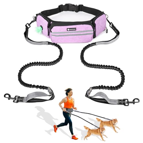 Hands Free Dog Leash With Walking Fanny Pack for Large Medium Small Dogs, Heavy Duty Durable Reflective Waist Bungee Leash for Training, Night Walking, Running, Jogging, Hiking - color: Purple, size: 2 Leash