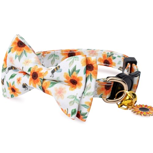 2 Pack Cotton Cat Collar with Bow Tie and Bell for Girl Boy Cats,Cute Pink Flamingo and Blue Whale Pattern Spring Summer Breakaway Cat Collar for Male Female Cats (Flower&Sunflower) - color: Flower&Sunflower