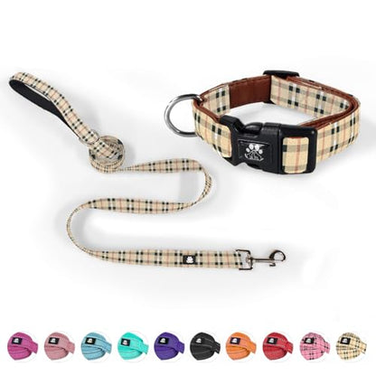 Dog Collar and Leash Set,Soft Neoprene Pet Collar with Quick Release Buckle,Adjustable Nylon Dog Collars for Small Medium Large Dogs(Large,Cherecked Beige) - color: Checkered Beige, size: Large