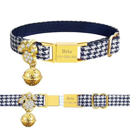 Personalized Breakaway Cat Collars - Magnetic Buckle, Bell - Safety Quick Release, Customized for Girls & Boys Cats- (Houndstooth-Navy) - color: Houndstooth-Navy