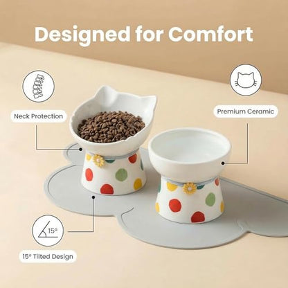 Elevated Ceramic Cat Bowls, 15°Raised Cat Food Bowl,Whisker Friendly Anti Vomiting Cats Dishes,Anti Vomiting&Protect Pet's Spine,Feeder Dish for Indoor Kitty and Small Dogs (Polka dot Tall cat Bowl) - color: Polka dot tall cat bowl