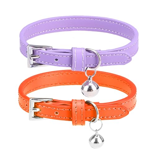 PUPTECK 2 PCS Soft Genuine Leather Cat Kitten Collar with Bells Adjustable for Girl Boy Cats Puppy - Orange, Purple - color: Orange&Purple