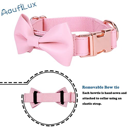 Soft Leather Bowtie Dog Collar - Adjustable Cute Bow Tie Collar [Easy to Clean] with Stylish Rose Gold Heavy Duty Metal Buckle for Small Medium Large Dogs Pink M - color: Pink, size: M(13.8"-19.7")