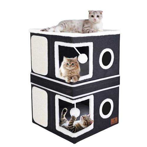2-Story Cat House for Indoor Cats, Dual-Purpose Cat Cave Bed with Scratch Pad and Fluffy Ball, Foldable Cat Hideaway, Cute Cat Condo Furniture for Multi Small Pet Kitten, Dark Grey - color: Dark Grey, size: Double