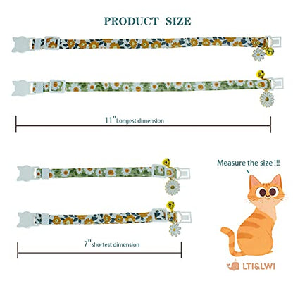 2 Pack Cotton Breakaway Cat Collars with Bell Daisy Pendant Kitty Kitten Collars Green Orange Collar for Female Girl Cats Male Boy Cats - color: Green&Orange