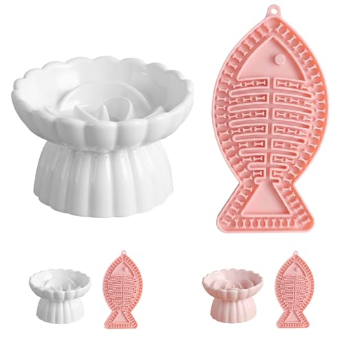 Ceramic Slow Feeder Cat Bowl 5.5inch with Lick Mat,Elevated Food Bowl for Cats and Small Dogs,Cute Flower Shape for Dry and Wet Food-White Bowl+Pink Lick Mat - color: White Bowl+ Pink Lick Mat
