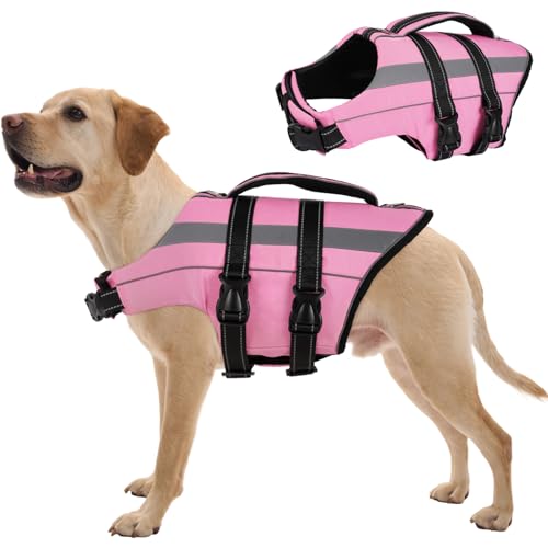 FUAMEY Dog Life Jacket Reflective, Dogs Life Vest with D-Rings & Handle, Adjustable Dog Lifejacket, Dogs Life Preserver Swimming Boating, Pink, L - color: Hot Pink, size: Large