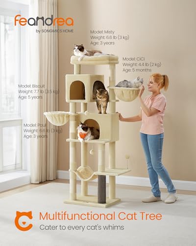 Feandrea Cat Tree, 69-Inch Tall Cat Tower, Multi-Level Plush Condo with 2 Caves, 2 Baskets, 5 Scratching Posts, Self-Groomer, Perch, Hammock, Sand Beige UPCT182Y01 - color: Sand Beige