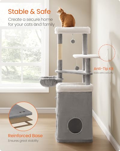 Feandrea Cat Tree, 60-Inch Cat Tower, Multiple-Level Plush Condo with 2 Caves, 3 Scratching Posts, 3 Perches, Dove Gray UPCT007G01 - color: Dove Gray