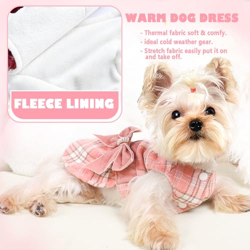 Dog Sweater Dress,Pink Plaid Dog Dress for Small Dogs Girl, Fall Winter Warm Fleece Lining Female Clothes, Pet Outfits Coat, Cat Apparel Holiday Christmas, Small - color: Plaid Pink, size: Small (Chest 16.9 in)