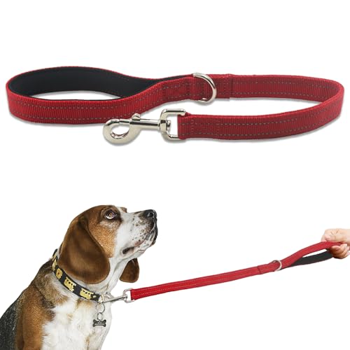 Nylon Short Leash 24 Inches Durable Dog Lead with Handle, Heavy Duty Dog Padded Handle and D-Ring for Control, Traffic Leash 2FT Long for Small to Large Sized Dogs Training Red - color: Red, size: 24"