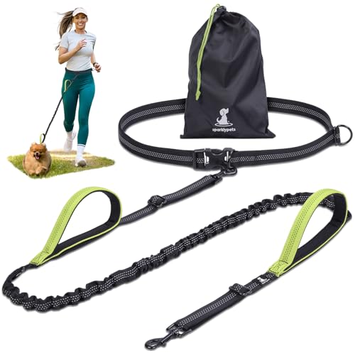 SparklyPets - Hands Free Dog Leash with Reflective Stitches - Waist Leash for Dog Walking, Hiking, Training, Jogging, Canicross, Running - for Small Dogs - color: Green, size: 1 dog S