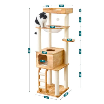 65-inch Tall Cat Tree，Cat Tower for Indoor Cats with Feel-Safe Enclosed Cat Cave、Scratching Post、Space Capsule Nest and Cat Ladder