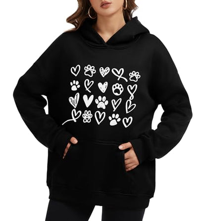 Womens Dog Paw Hoodie-Long Sleeve Pullover Fleece Lined Dog Mom Sweatshirts with Pocket - color: A-black, size: XX-Large