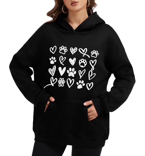 Womens Dog Paw Hoodie-Long Sleeve Pullover Fleece Lined Dog Mom Sweatshirts with Pocket - color: A-black, size: X-Large