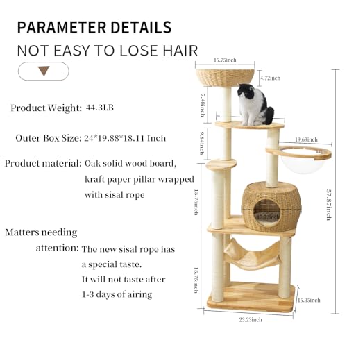 59" Big Modern Cat Tree Tower, Cat Tower Sisal-Covered Scratching Posts for Indoor Cats, Oak Wood Cat Tree for Large Cats, Multi-Level Cat Condo with Space Capsule Nest, Cat Furniture Activity Centre - color: DC888 new
