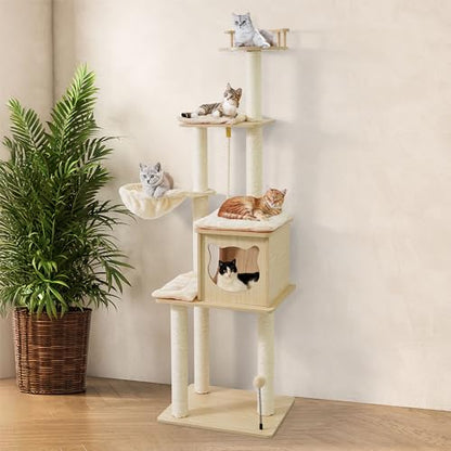 BOWHAUS 64” Wooden Cat Tree Tower for Indoor Large Cats & Kittens, Modern Tall Cat Climbing Tree w/Cave Condo, Scratching Posts, Hammock, Multi-Level Cat Tower w/Interactive Toy & Detachable Cushion