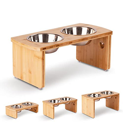 Elevated Dog Bowls, Bamboo Raised Dog Bowl for Medium Dogs, with 2 Stainless Steel Bowls (7'' Tall-40 oz Bowl) - color: Natural, size: Medium: 7'' Tall-40oz Bowl