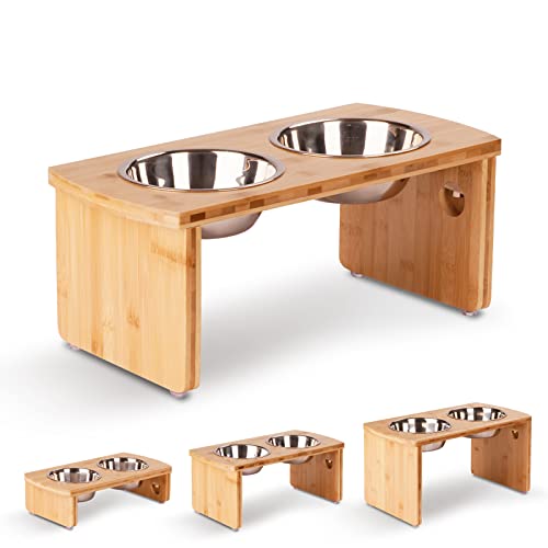 Elevated Dog Bowls, Bamboo Raised Dog Bowl for Medium Dogs, with 2 Stainless Steel Bowls (7'' Tall-40 oz Bowl) - color: Natural, size: Medium: 7'' Tall-40oz Bowl