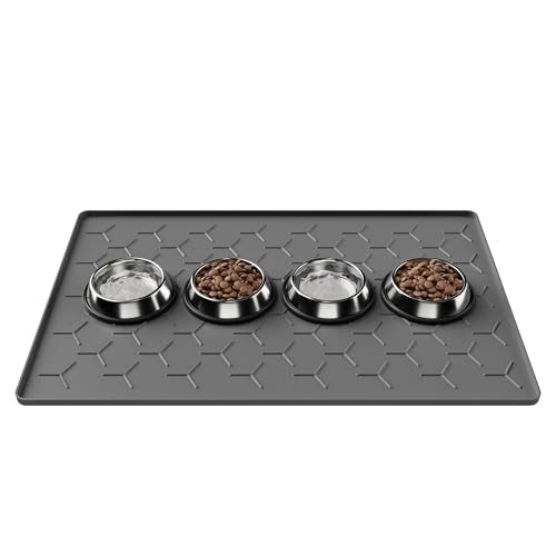Pieviev 34''x22'' Dog Cat Food Bowl Mat, Silicone Waterproof Food Grade Pet Food Mat for Floor, High Raised Edge to Prevent Spills, Non-Slip & Easy Clean Pet Placemat for Dog & Cat Bowls, Dark Gray - color: Dark Gray, size: L-34''X22''