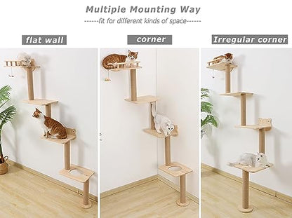 Cat Tree Wall Mounted with 4 Levels Shelves, 73" Wood Corner Tower Inside Kitten Scratching Post for Climbing,Perching and Lounging (Right to Left)