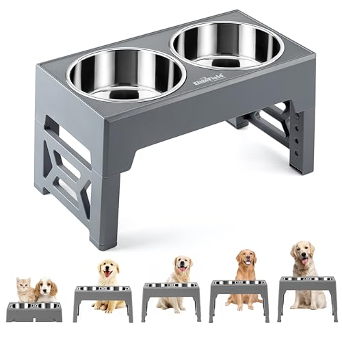 EliteField Elevated Dog Bowls (2-Year Warranty), Two 58 oz Stainless Steel Food Bowls, 5 Adjustable Raised Heights (4", 9.5", 10.5", 11.5", 12.75") Suitable for Dogs of All Ages, Small to Large Sizes - color: Gray, size: 2 Stainless Steel Bowls