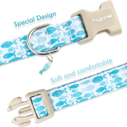 Faygarsle Fish Pattern Dog Collar, Adjustable with Buckle, Blue and White, Summer Design for Small Medium Large Dogs L - color: Blue Fish, size: Large