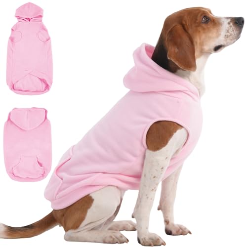 IECOii Dog Hoodie for Medium Dogs, Warm Fleece Dog Hoodies Sweater with Leash Hole and Pocket, Cozy Dogs Cold Weather Coat for Fall Winter Hooded Sweatshirt Vest for French Bulldog, Pink, L - color: Pink, size: Large