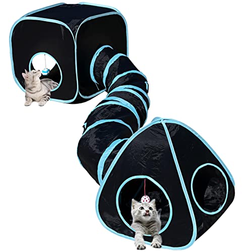 GONPETGP Cat Tunnels for Indoor Cats with Cube Tent Toys Combo, Pop Up Collapsible Crinkle Interactive Peek Hole, Cat Tube with Play Ball and Bell for Kitten, Puppy, Kitty, Rabbit - Set of 3 - color: A-Black