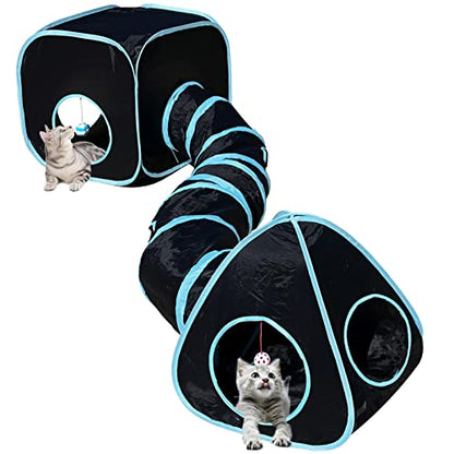 GONPETGP Cat Tunnels for Indoor Cats with Cube Tent Toys Combo, Pop Up Collapsible Crinkle Interactive Peek Hole, Cat Tube with Play Ball and Bell for Kitten, Puppy, Kitty, Rabbit - Set of 3 - color: A-Black