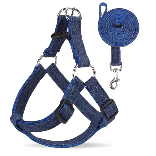 BINGPET Denim Step-in Dog Harness,No Pull Escape-Proof Dog Harness and Leash Set,Adjustable Quick Fit Dog Halter Vests for Small Medium Size Dogs Back Clip Anti-Twist for Easy Walking Training Running - color: Blue, size: S(Chest Girth:14.9''-20.9'')