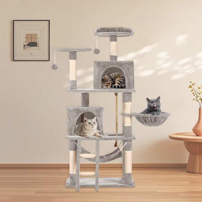 Cat Tree 60.63 inches Cat Tower for Indoor Cats, Multi-Level Cat Condo Furniture with Scratching Posts, Plush Perches, Activity Center with Cozy Basket & Hammock for Cats (Light Gray) - color: Light Gray