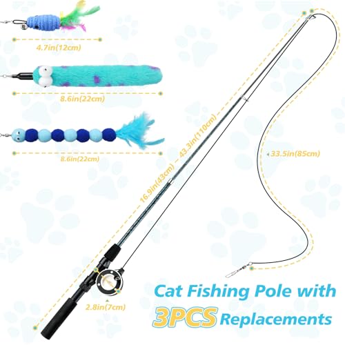 Pawaboo Cat Teaser Wand Toys, Cat Fishing Pole Toy with 3 Pack Feather Refills, 3-Section Retractable Kitten Feather Toys with Pulley, Indoor Cats Teaser Catcher Exerciser with Bell, Blue - color: Plush-Blue