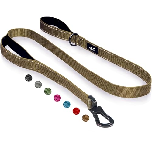 TwoEar 4FT 1IN Strong Brown Dog Leash with 2 Padded Handles, Traffic Handle Extra Control, Comfortable Soft Dual Handle, Auto Lock Hook, Reflective Walking Lead for Small Medium and Large Dogs - color: Brown, size: 1 in x 4 ft