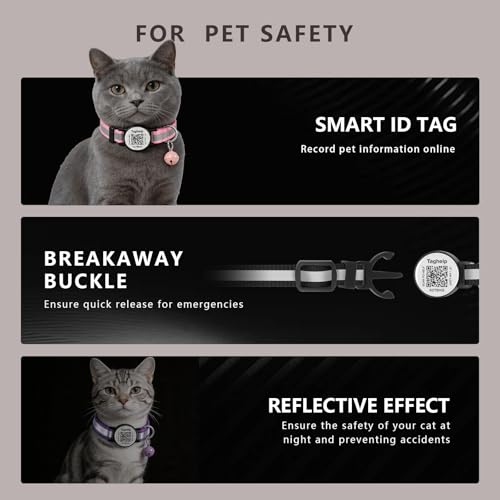 Safe & Elegant Cat Collar Breakaway with QR Code ID, 2 Pack Adjustable Kitten Collar with Name Tag & Bells – Smart Reflective Safety for Easy Pet Info Management (Pink)
