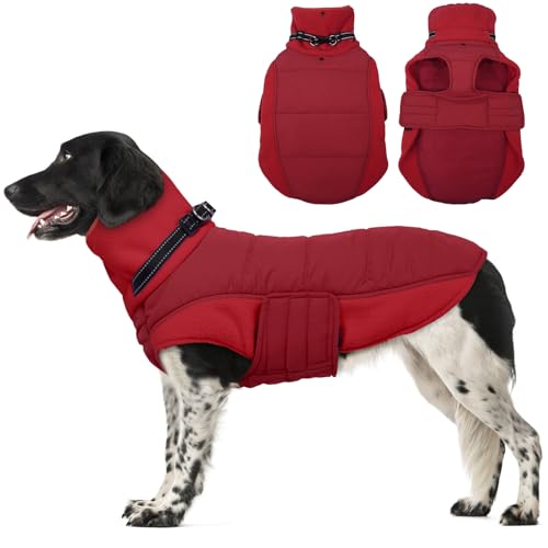 BRKURLEG Dog Winter Coat with Harness Built in, Warm Jacket for Small Medium and Large Dogs, Windproof Turtleneck Fleece Dogs Snowsuit with Hook & Loop, Reflective Christmas Dog Jacket, Red XXXL - color: Red, size: XXX-Large