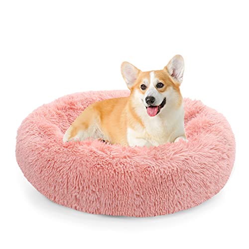 Calming Donut Dog Bed for Small to Medium Dogs & Cats - Plush Faux Fur Anti-Anxiety Pet Bed with Machine Washable Cover & Non-Slip Base - color: Pink, size: Small 19.6''