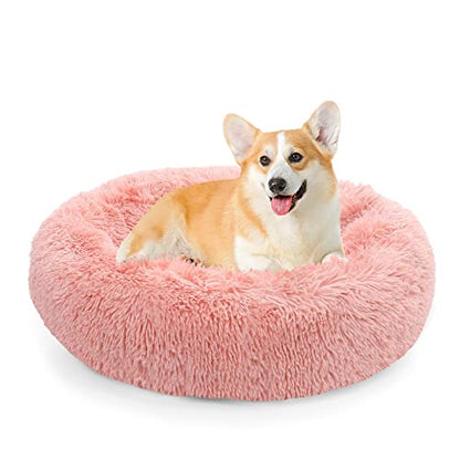 Calming Donut Dog Bed for Small to Medium Dogs & Cats - Plush Faux Fur Anti-Anxiety Pet Bed with Machine Washable Cover & Non-Slip Base - color: Pink, size: Small 19.6''