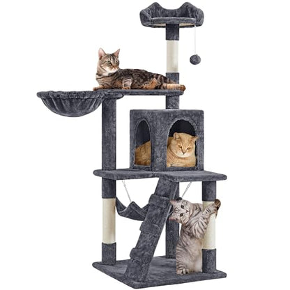 Yaheetech Cat Tree | 54-Inch Multi-Level Cat Tower | with 3 Scratching Posts, Plush Condo, Top Perch, Hammock & Climbing Ladder | Play House | for Indoor Cats | Dark Gray - color: Dark Gray
