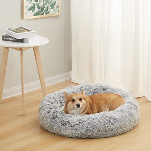 Bedfolks Calming Donut Dog Bed, 30 Inches Round Fluffy Dog Beds for Medium Dogs, Anti-Anxiety Plush Dog Bed, Machine Washable Pet Bed (Dark Grey, Medium) - color: Dark Grey, size: 30.0"L x 30.0"W x 8.0"Th