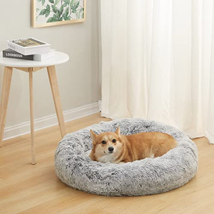 Bedfolks Calming Donut Dog Bed, 30 Inches Round Fluffy Dog Beds for Medium Dogs, Anti-Anxiety Plush Dog Bed, Machine Washable Pet Bed (Dark Grey, Medium) - color: Dark Grey, size: 30.0"L x 30.0"W x 8.0"Th